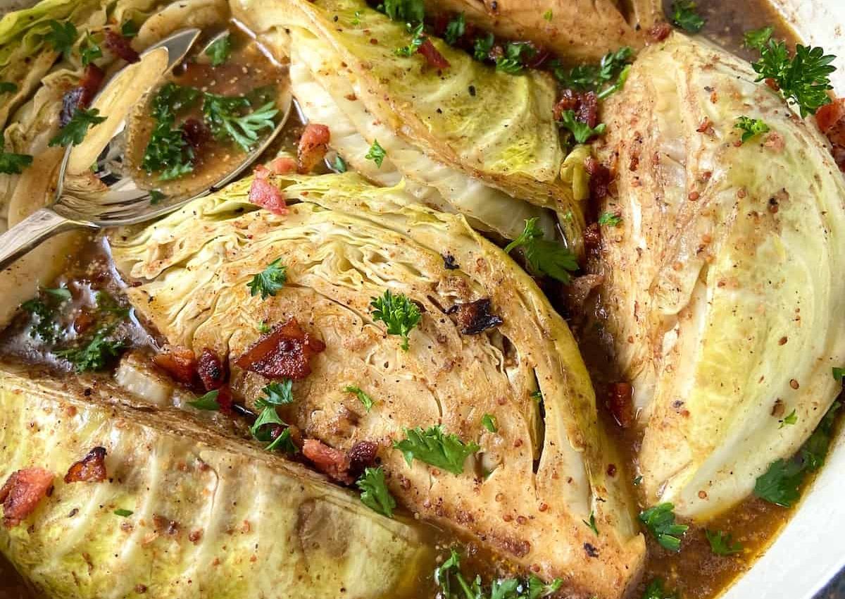 Pot of cajun cabbage wedges.