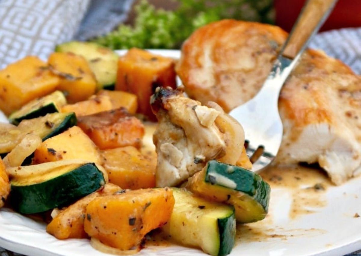 Plate with chicken breast and cut up vegetables on it.