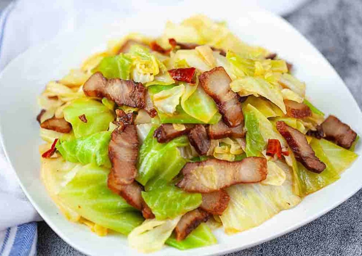 Plate of chinese cabbage bacon and stir fry.