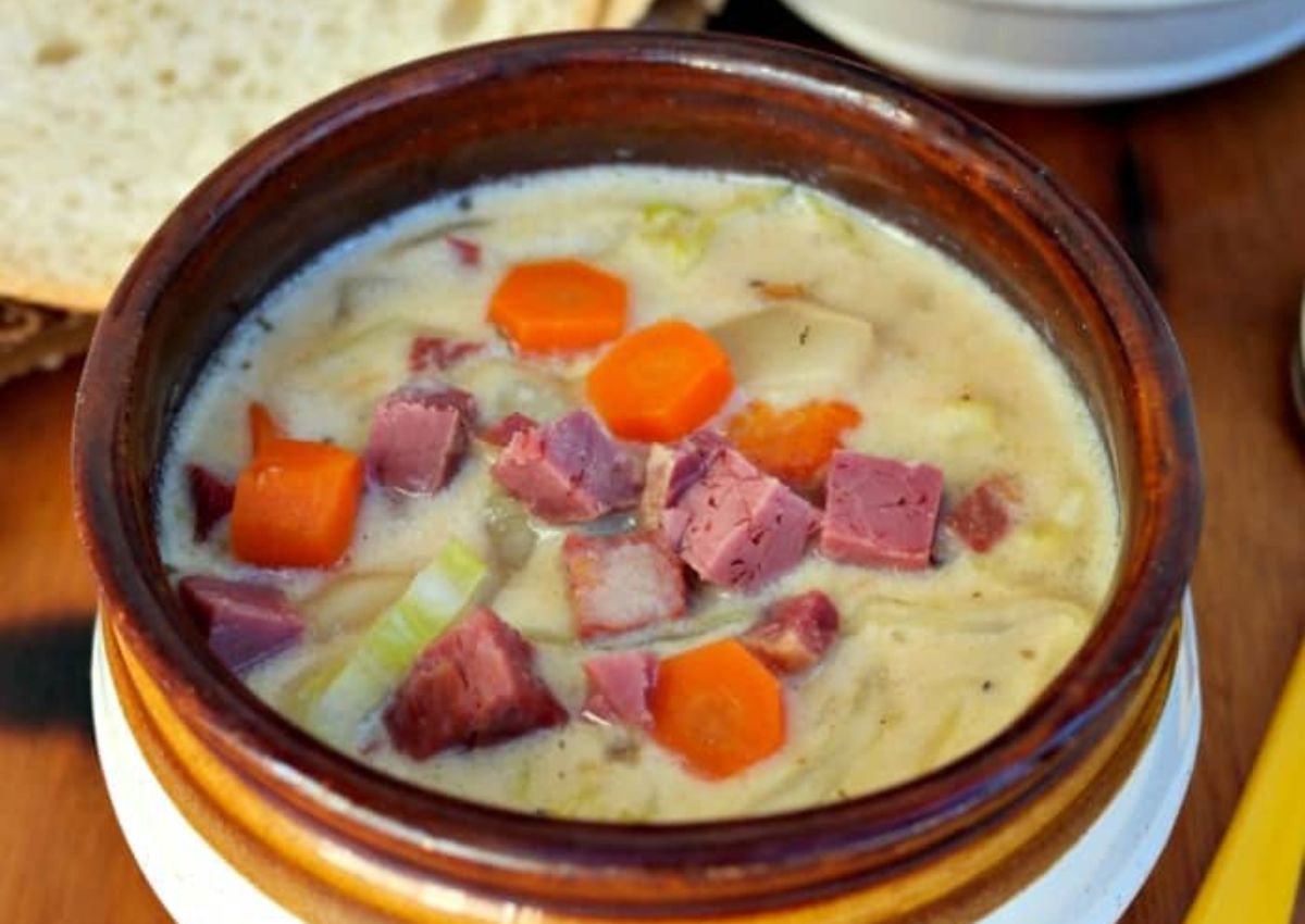 Bowl of corned beef and cabbage soup.