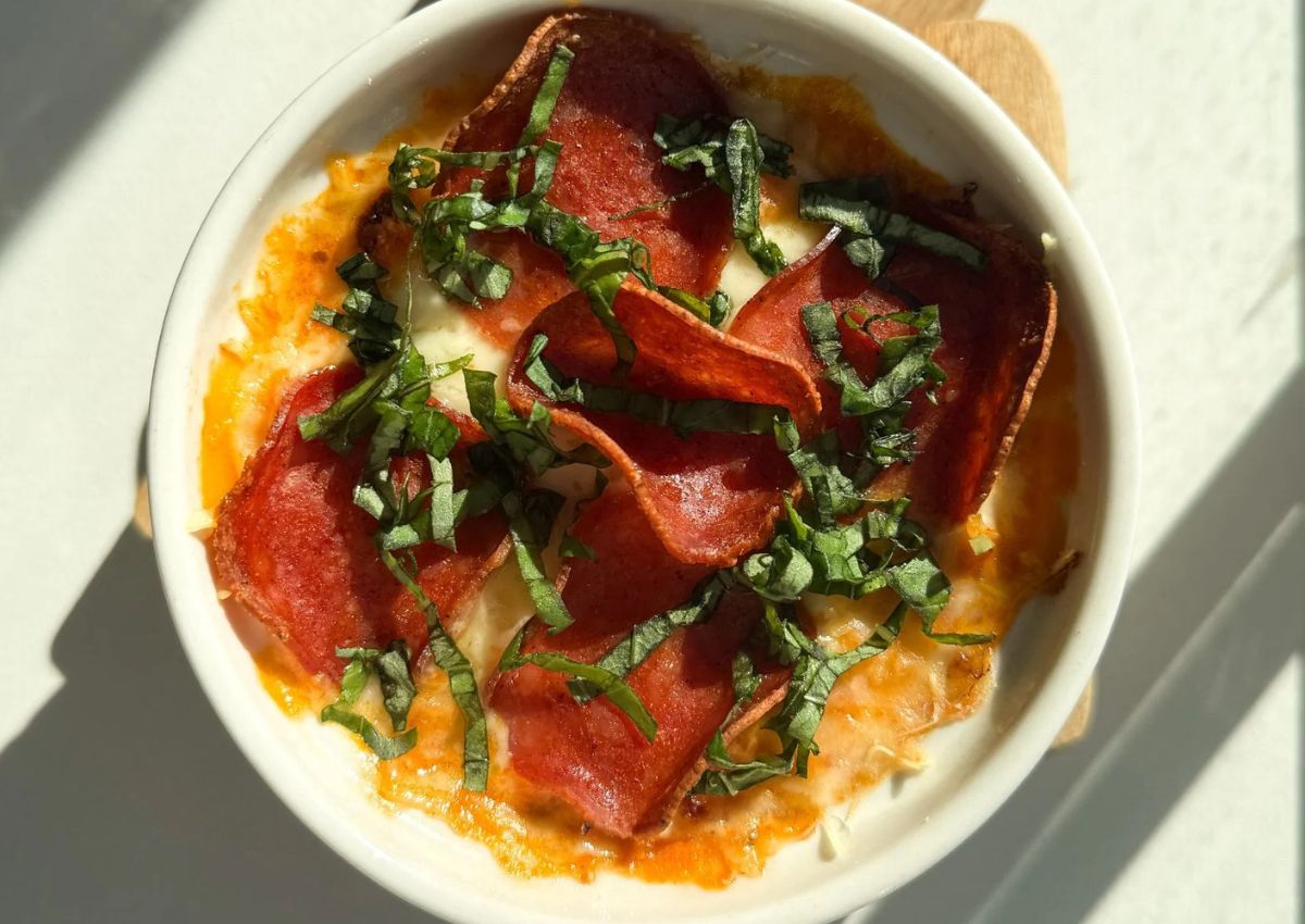 Cottage cheese pizza bowl topped with pepperoni.