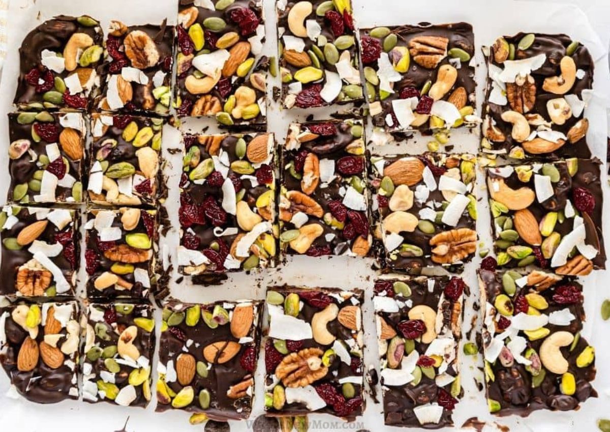 Healthy chocolate bark on a counter broken into pieces.