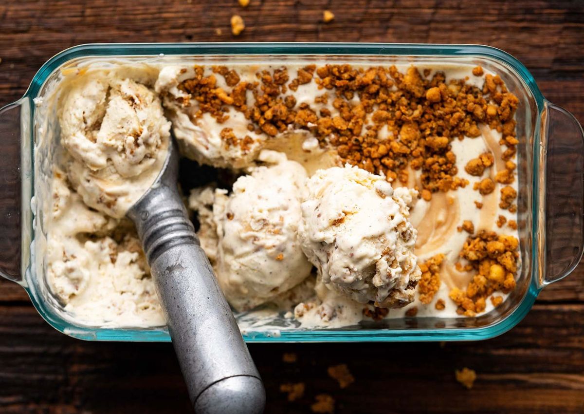 Loaf pan full of keto butter brickle ice cream.