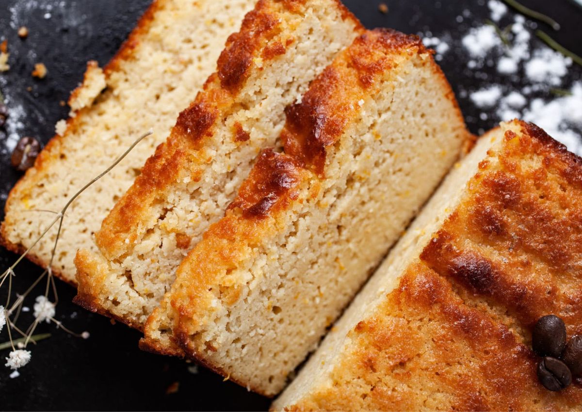 Slices of keto yogurt cake on a platter.