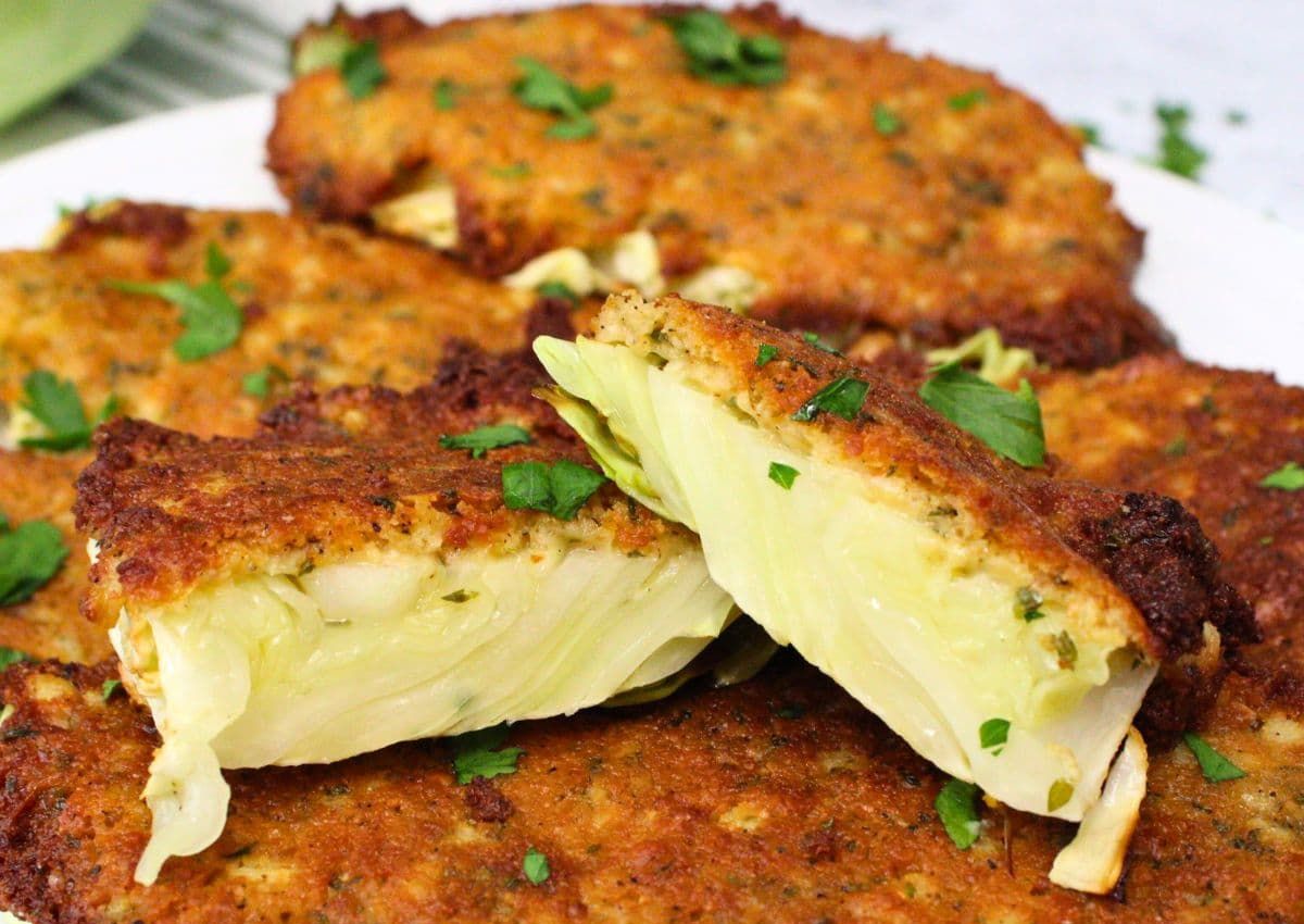 Parmsean crusted cabbage on a plate.