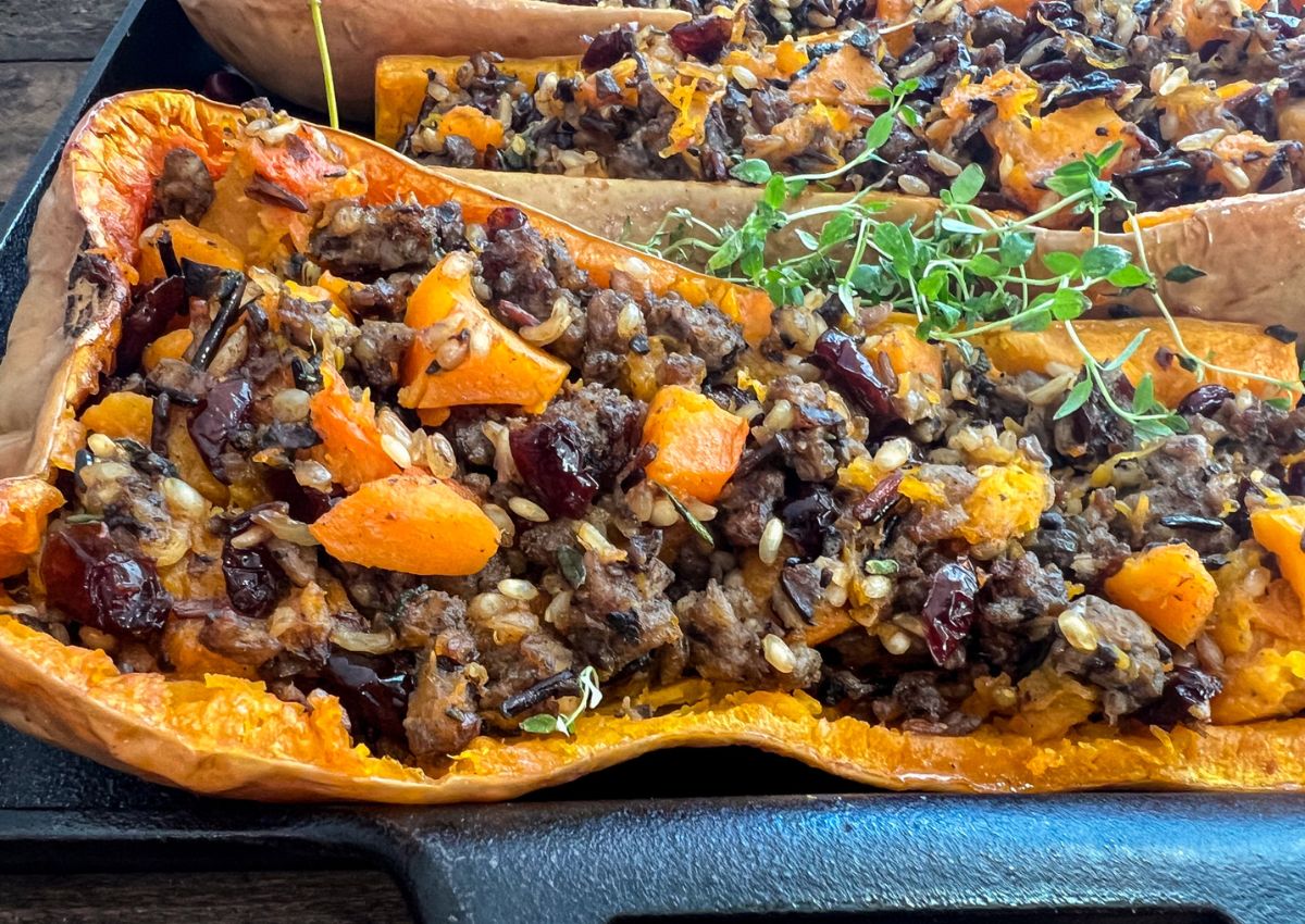 Butternut squash half stuffed with sausage.