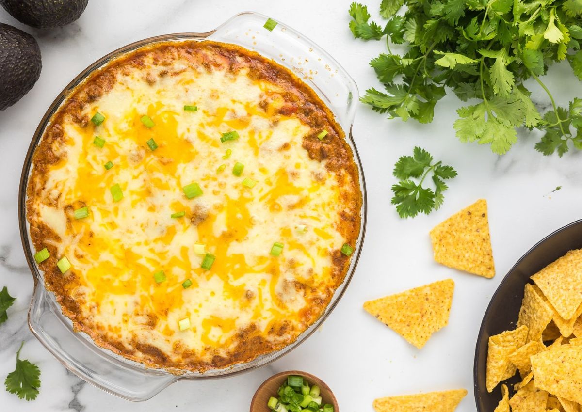 Baking dish full of hot taco dip. 