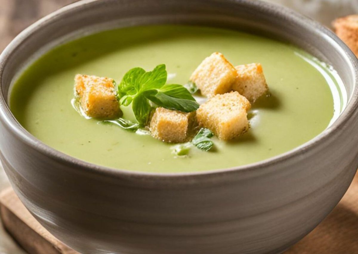 Gray bowl filled with zucchini soup and topped with croutons.