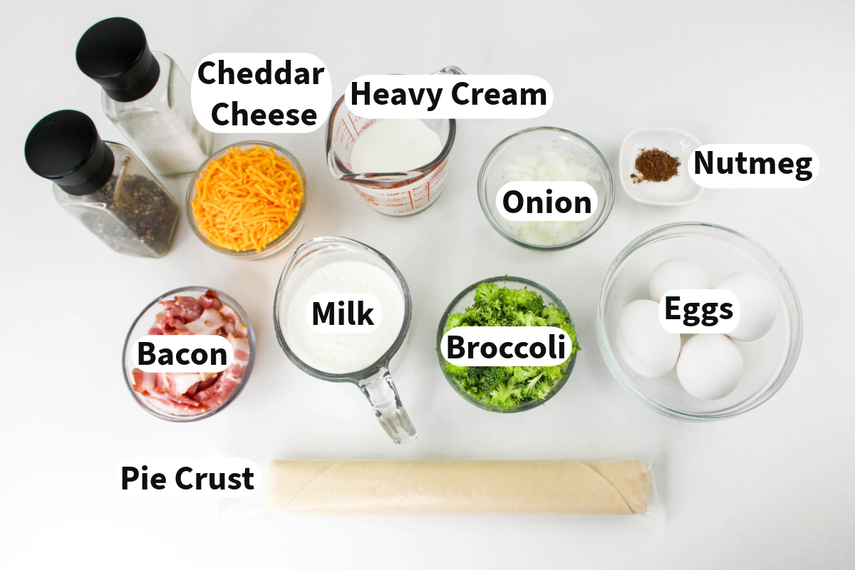 Top view of ingredients to make a broccoli and bacon quiche.