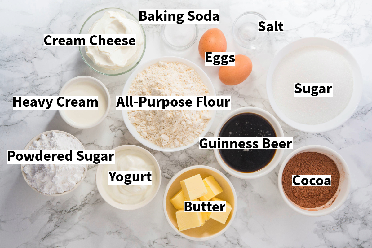 View of ingredients to make St Patrick's Day cake with Guinness Beer.