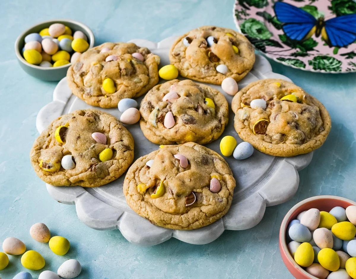 Chewy cadbury cookies on a plate.