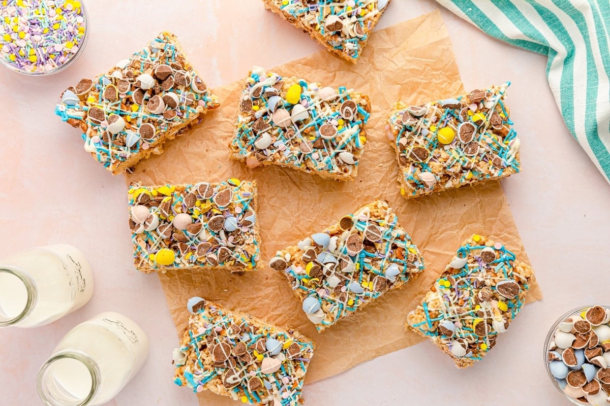 Easter rice krispies treats on a piece of parchment paper.