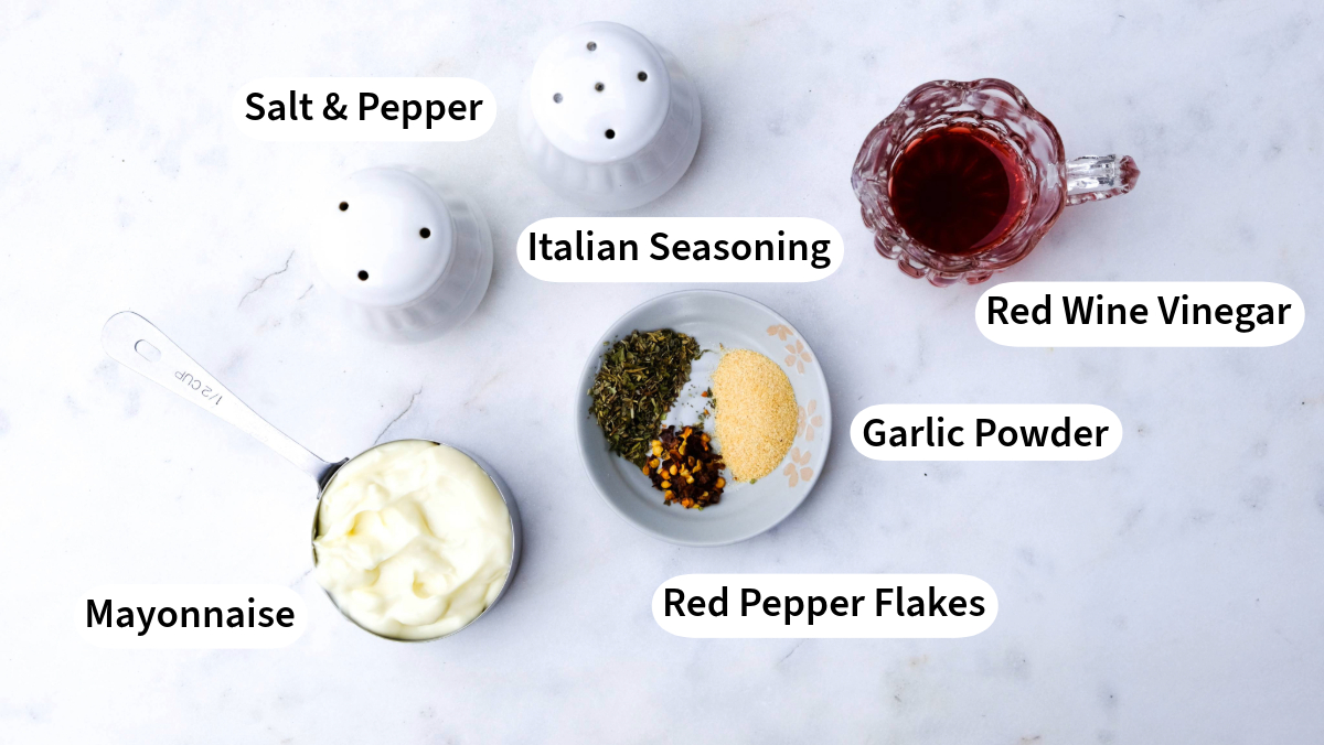 Top view of ingredients to make grinder salad dressing.