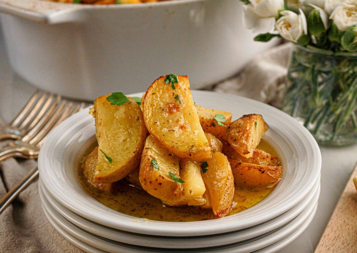 Greek lemon potatoes on a small plate.