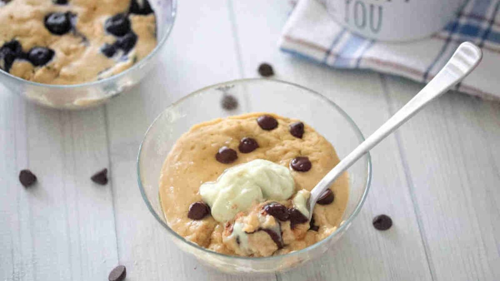 2 minute protein pancake in a glass bowl with a spoon. 