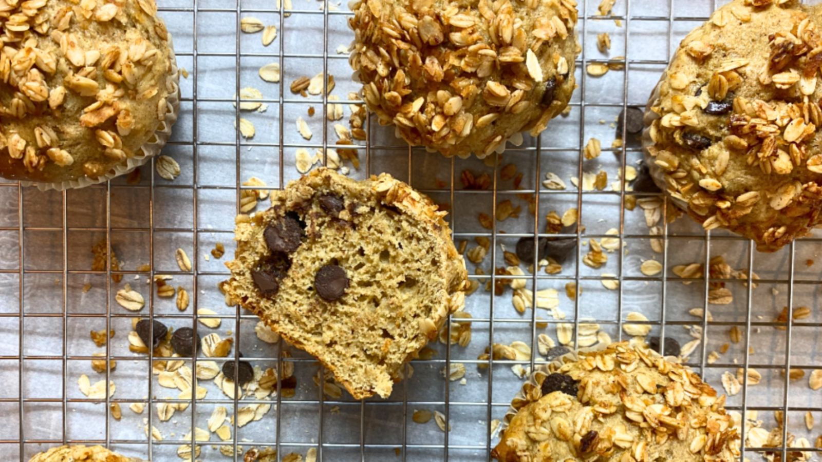 Protein crunch muffins cooling on a wire baking rack. 