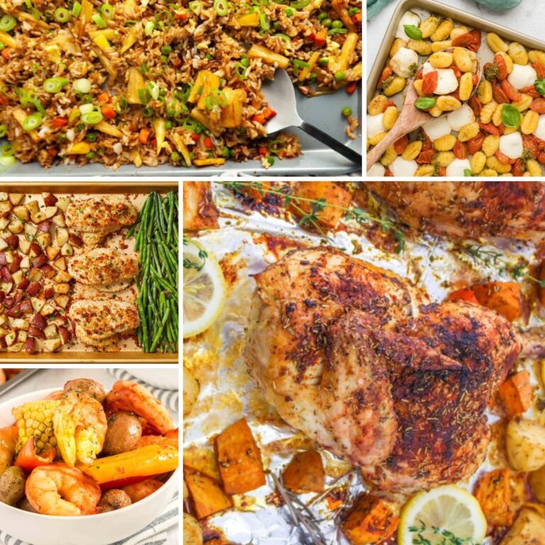 Square collage of five sheet pan dinner recipes.