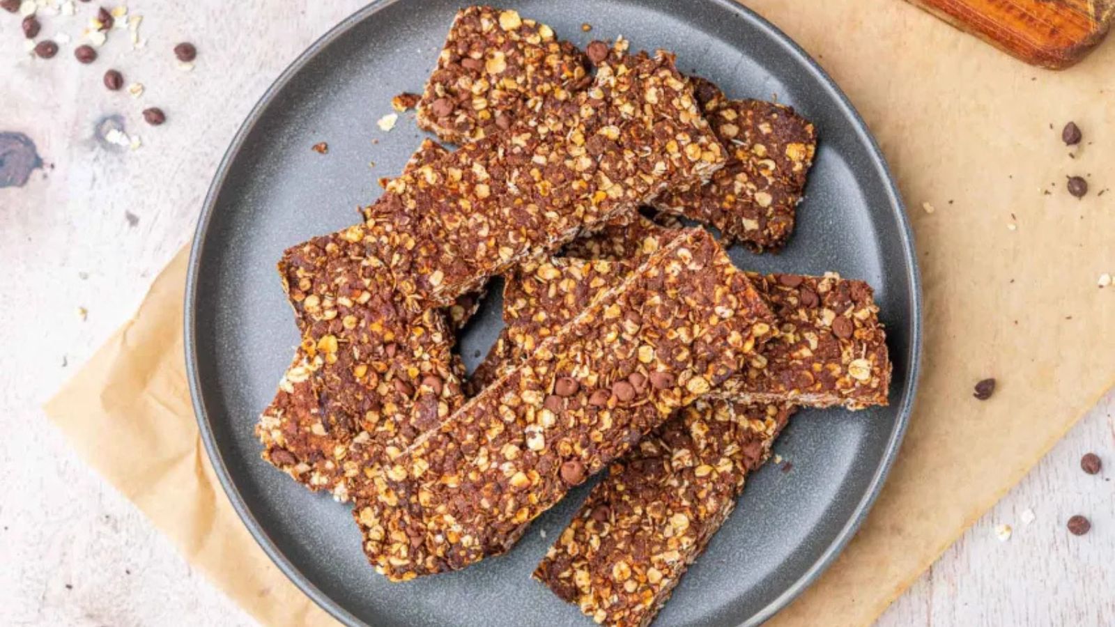 Sourdough chocolate granola bars on a gray plate. 