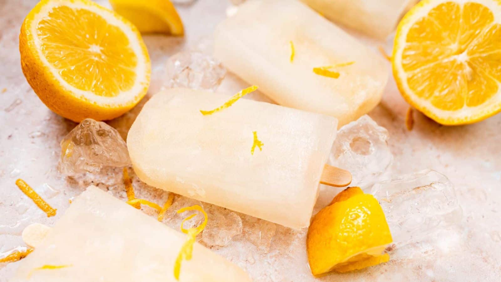 Lemonade popsicles on top of ice.