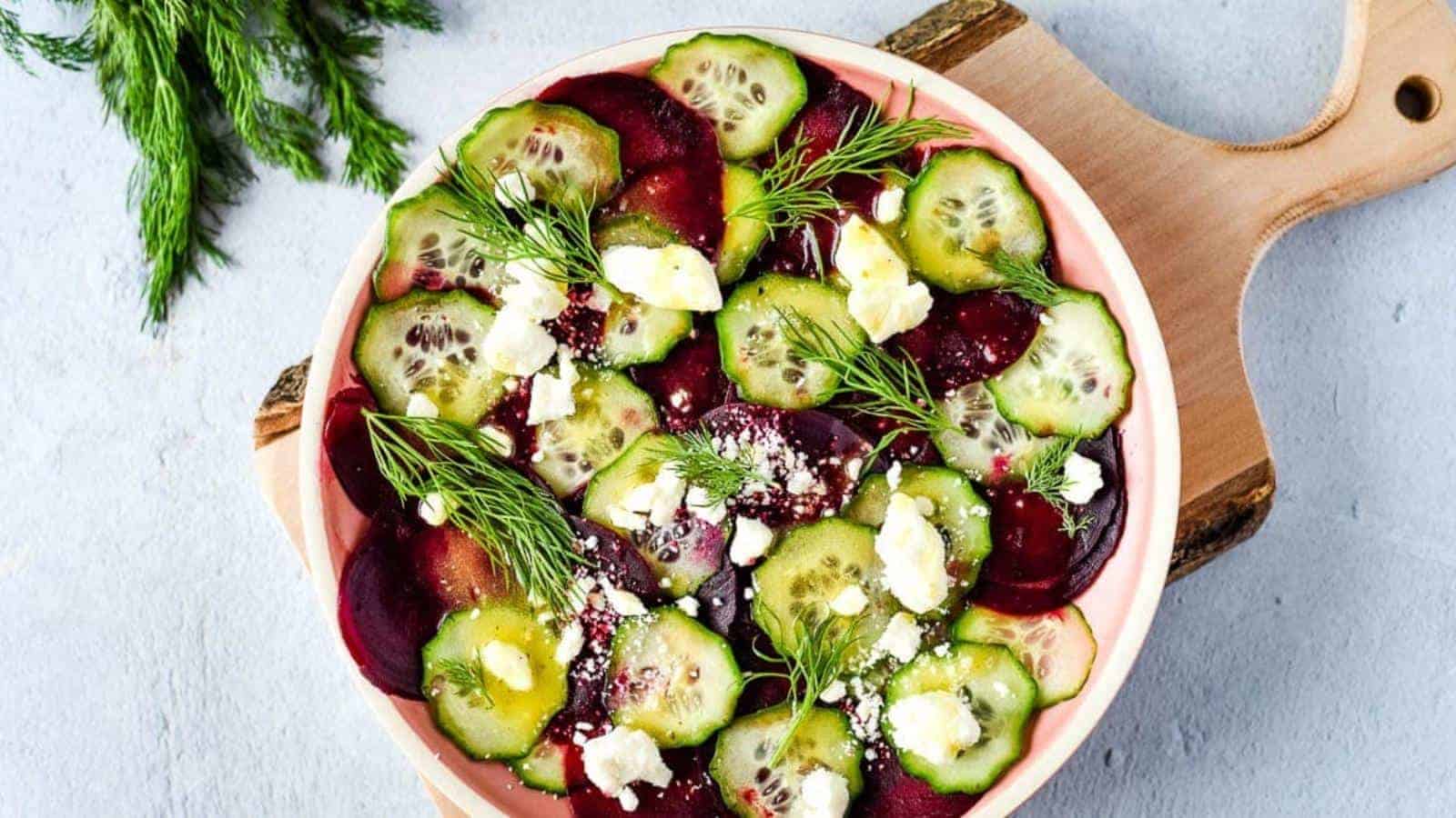 Beet and cucumber salad in a large bowl.