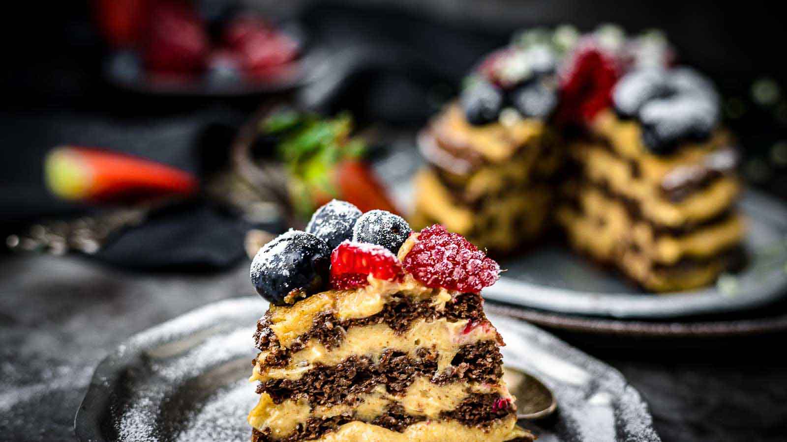 Slice of chocolate chaffle cake on a plate.