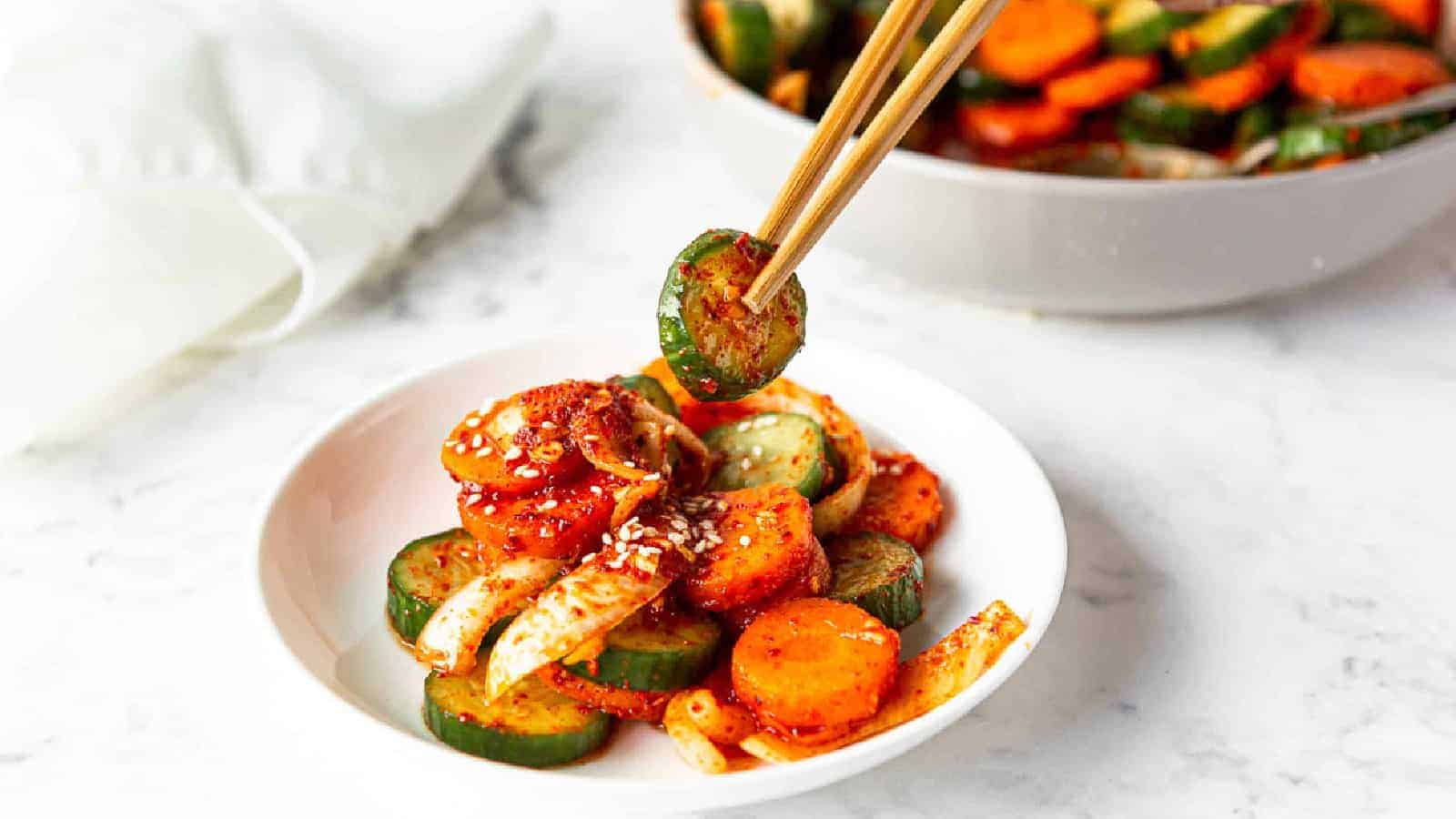 Cucumber kimchil in a small plate.