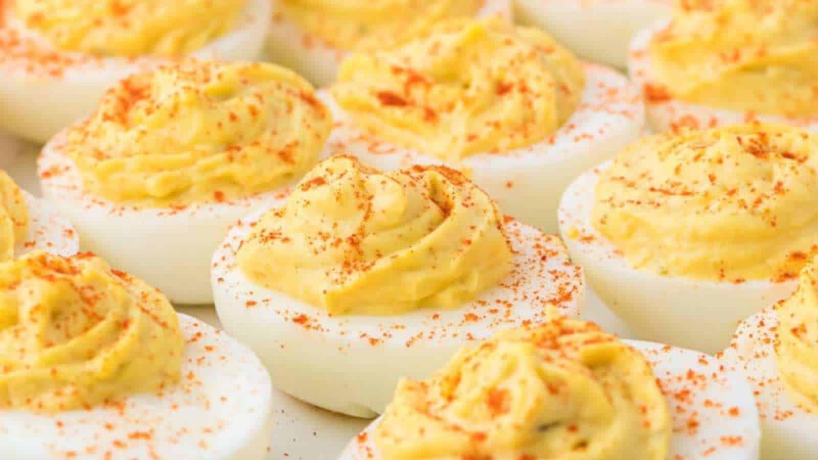 Close up image of deviled eggs on a white plate.