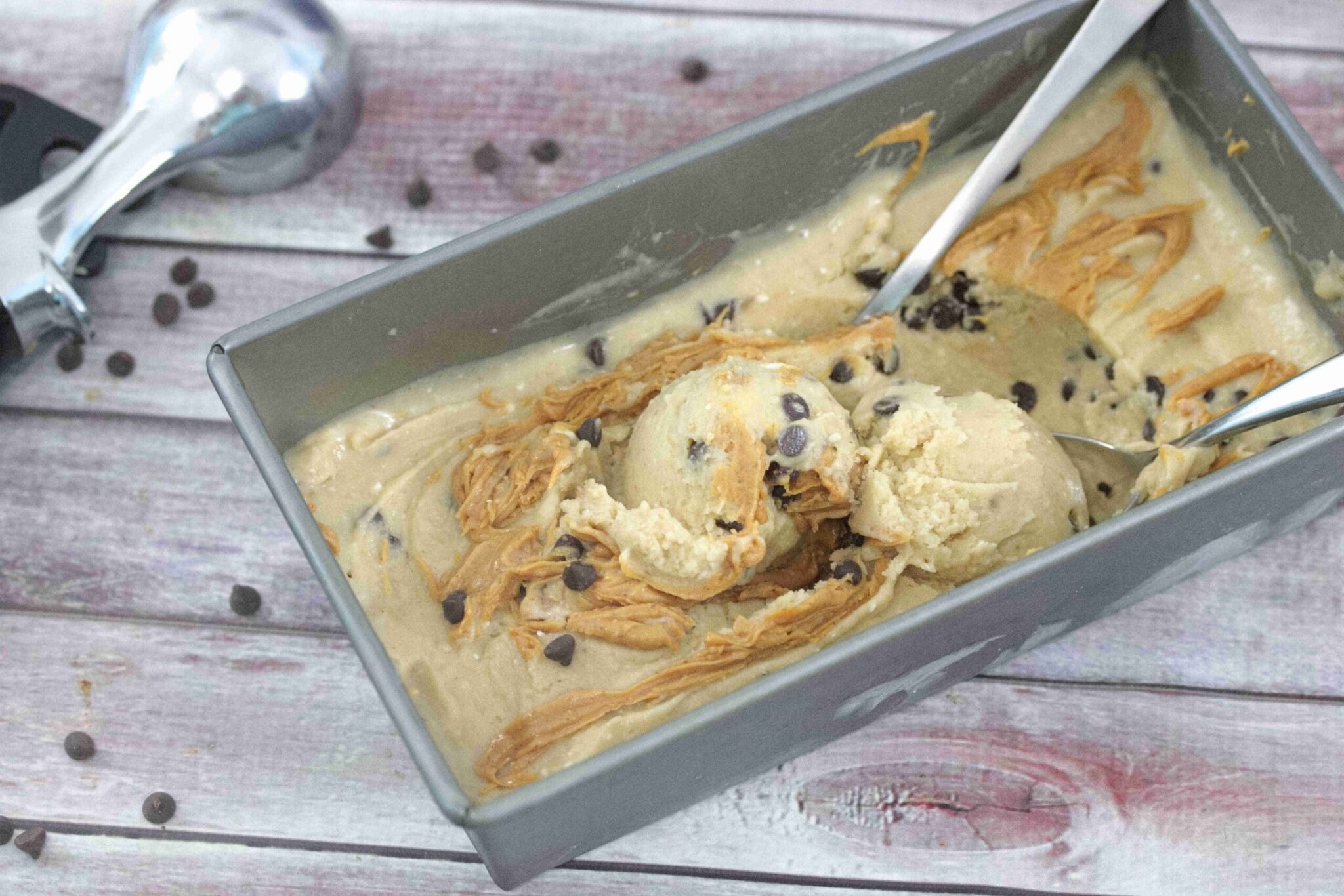 Peanut butter chocolate chip in a loaf pan.