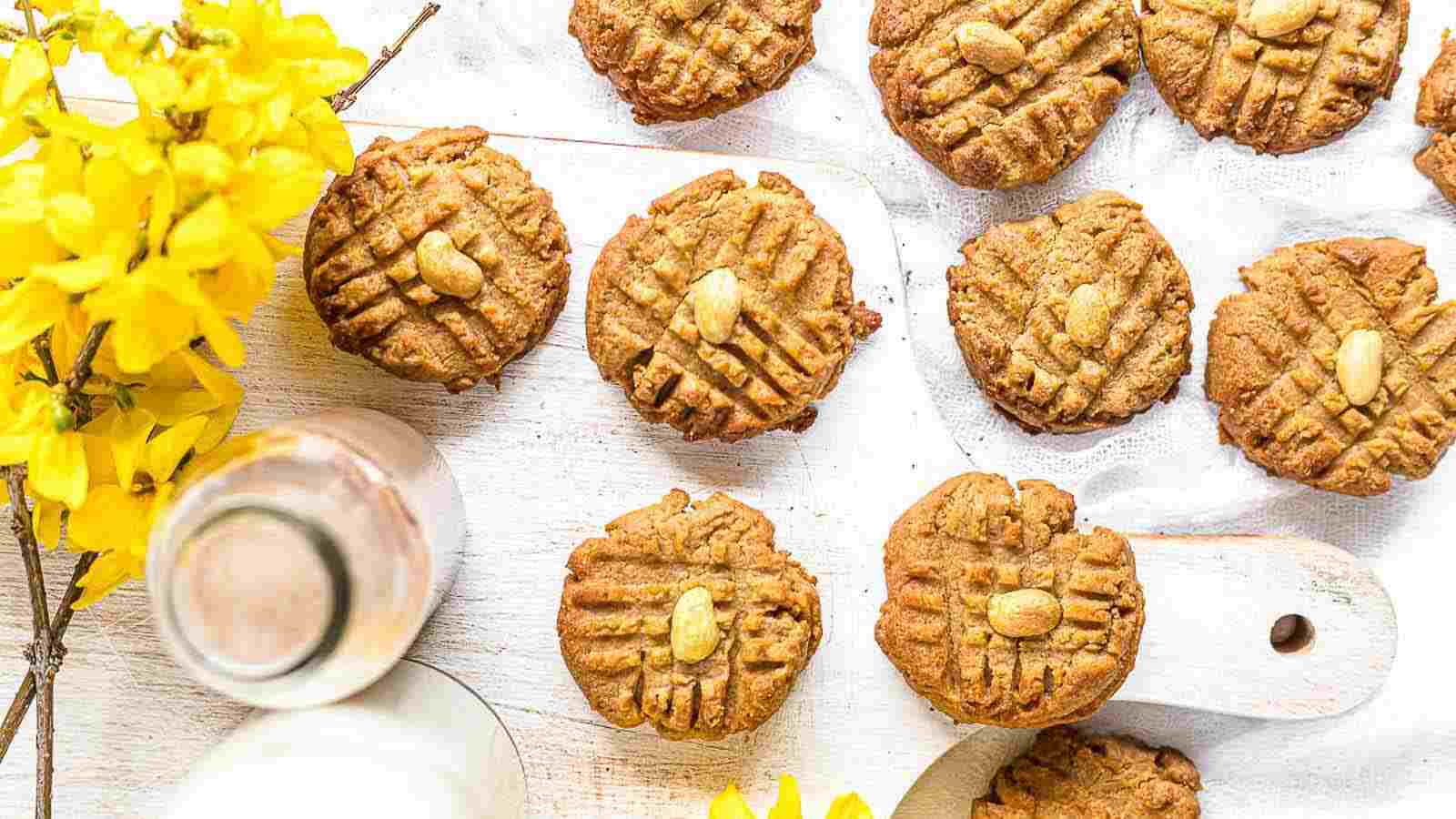 Peanut butter cookies on a table.
