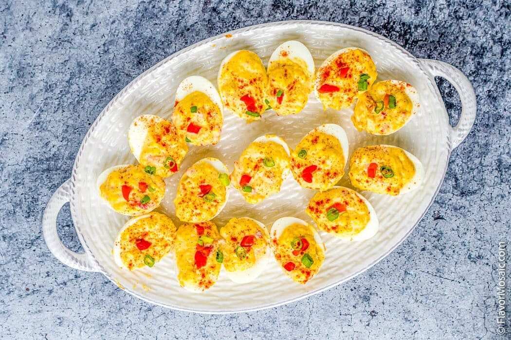 Deviled egg on a serving platter.
