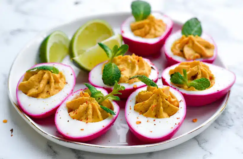 Pink dyed deviled eggs on a plate.