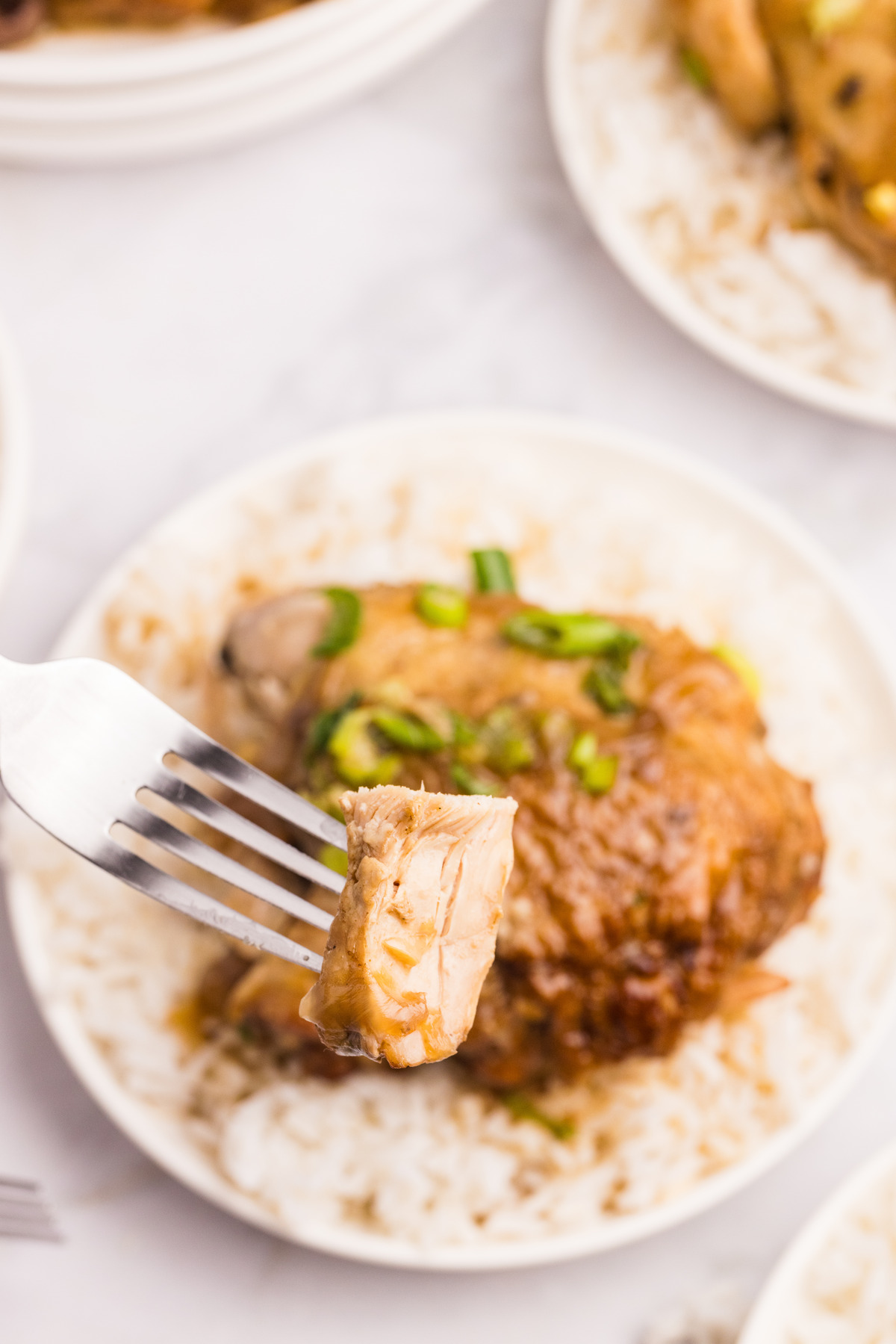 Sliced chicken on a fork.