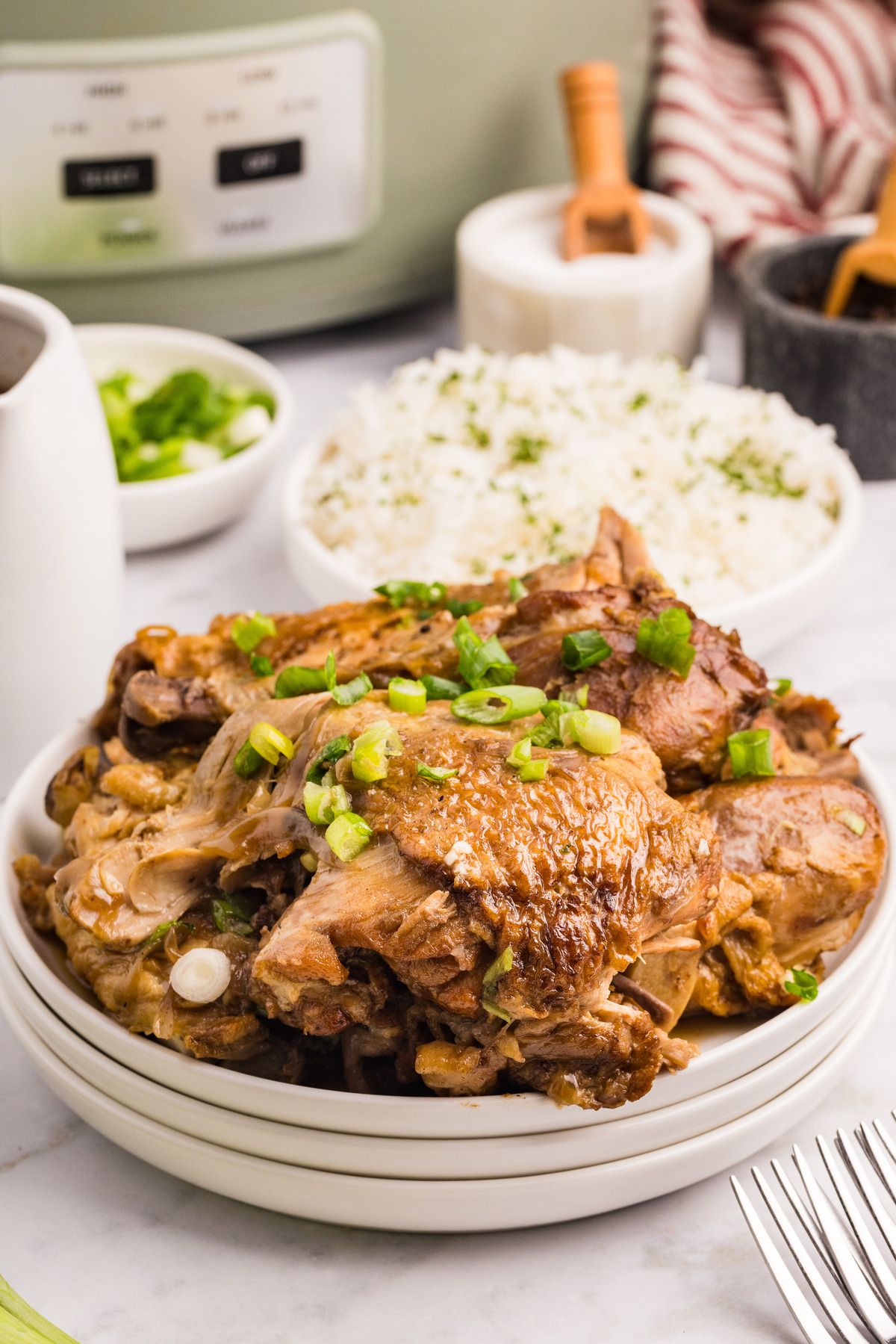 Chicken adobo topped with sliced green onions on a white serving plate.