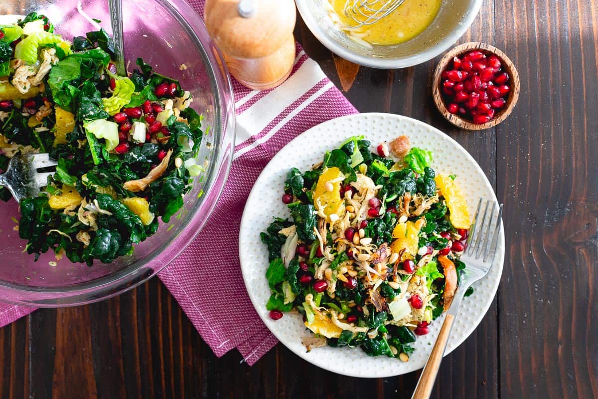 Large plate full of chopped crispy citrus chicken salad.