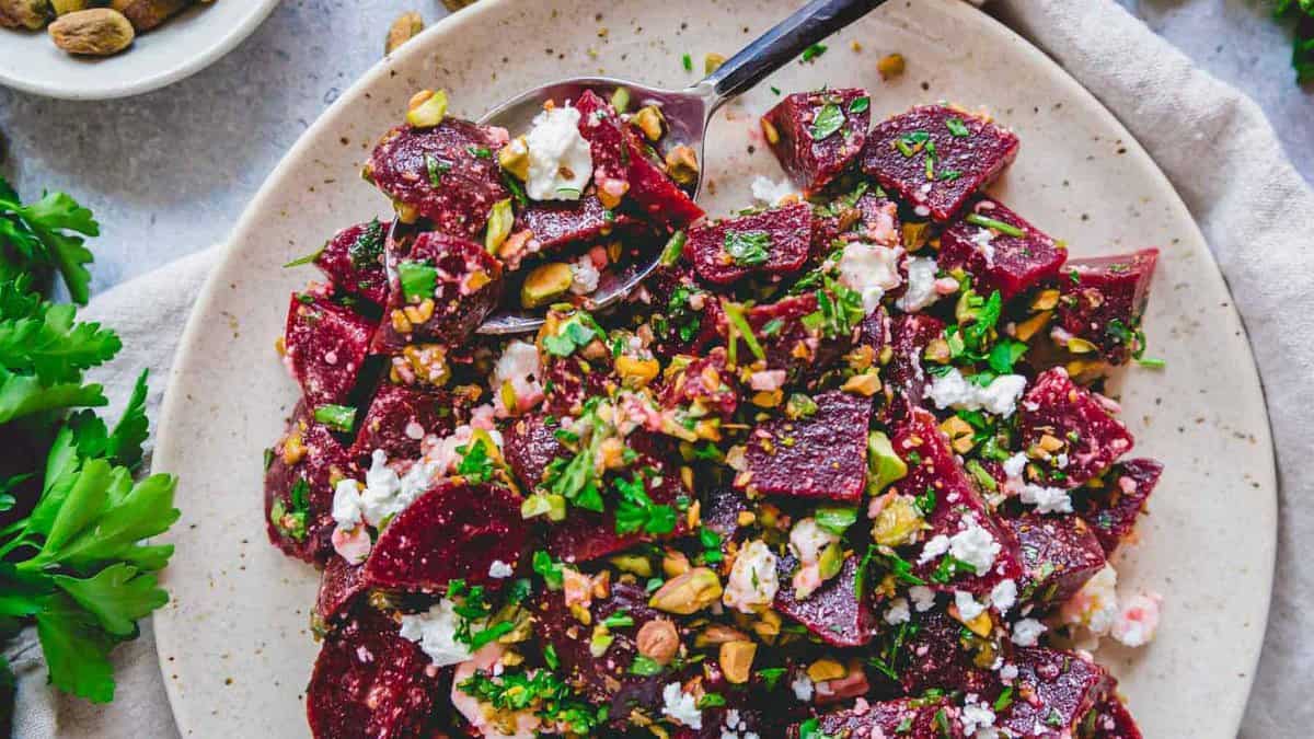 Beet feta salad on a plate.