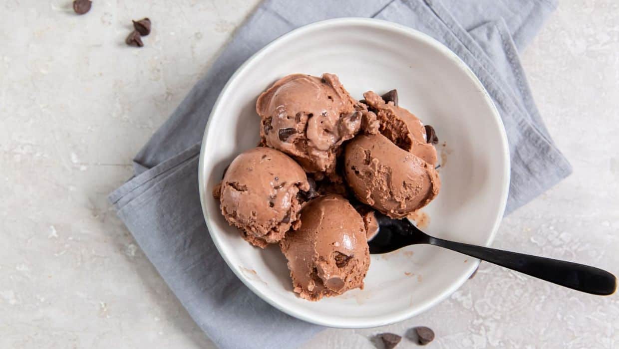 White bowl full of chocolate chip ice cream scoops.
