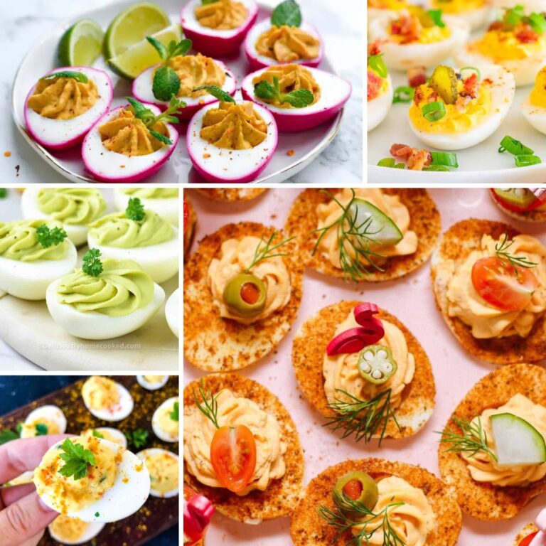 Collage of five different deviled egg recipes.