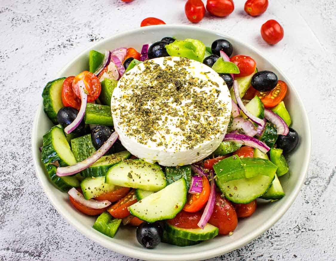 Greek salad in a bowl.