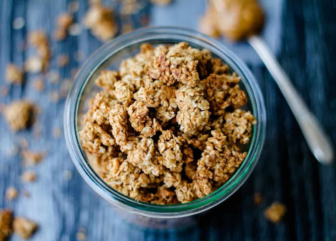 Granola made with peanut butter in a jar.