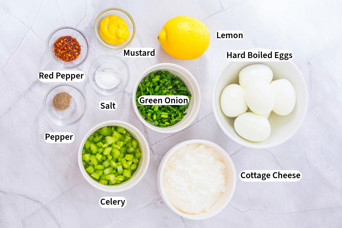 Overhead view of ingredients to make cottage cheese egg salad.