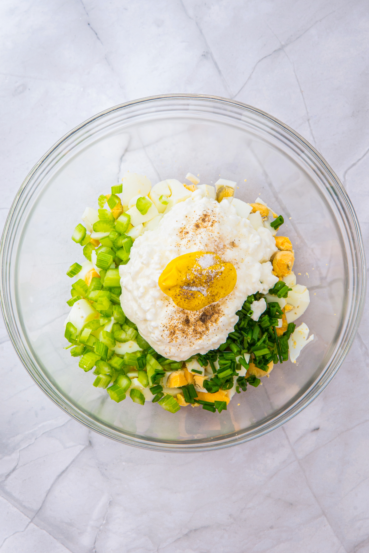Cottage cheese and mustard added to egg salad ingredients.