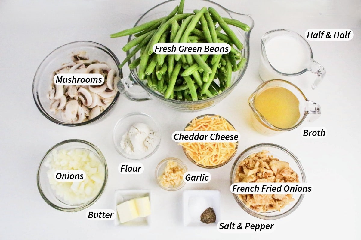 Overhead view of ingredients to make green bean casserole.