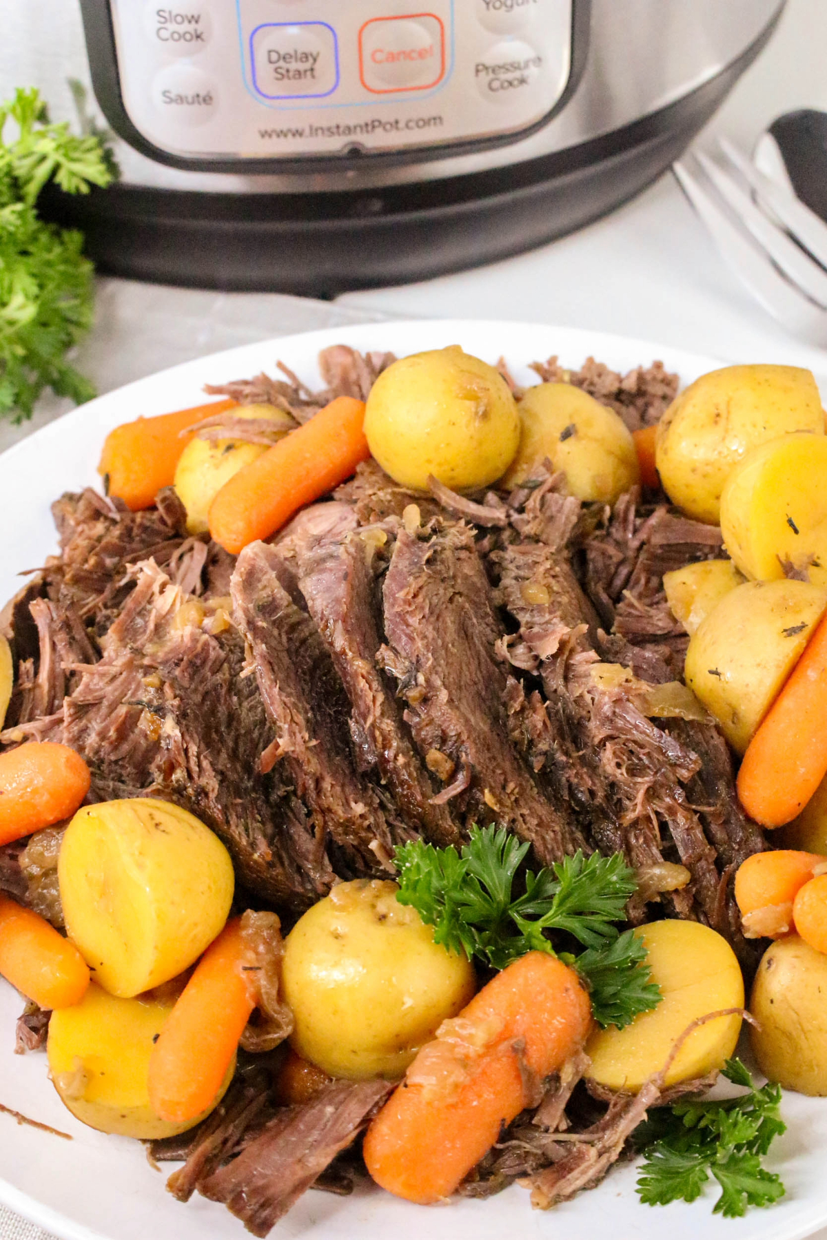 Roast beef recipe with beef, potatoes, and carrots cooked with frozen beef.