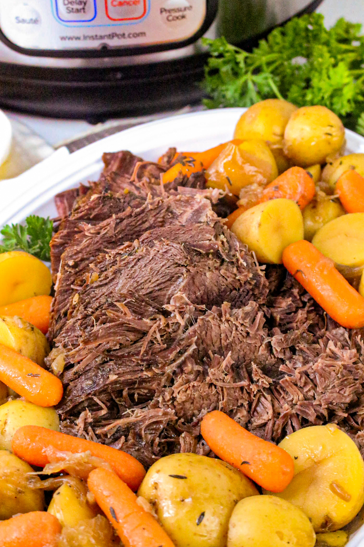 Cooked frozen beef with potatoes and carrots.