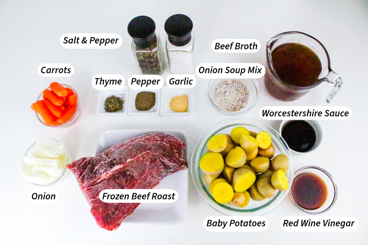 Ingredients to make roast beef with frozen beef in an instant pot.