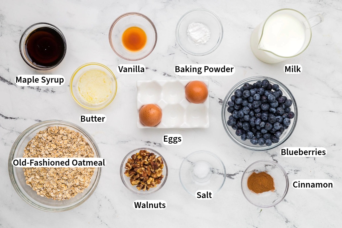 Top overhead view of baked blueberry oatmeal ingredients for recipe.