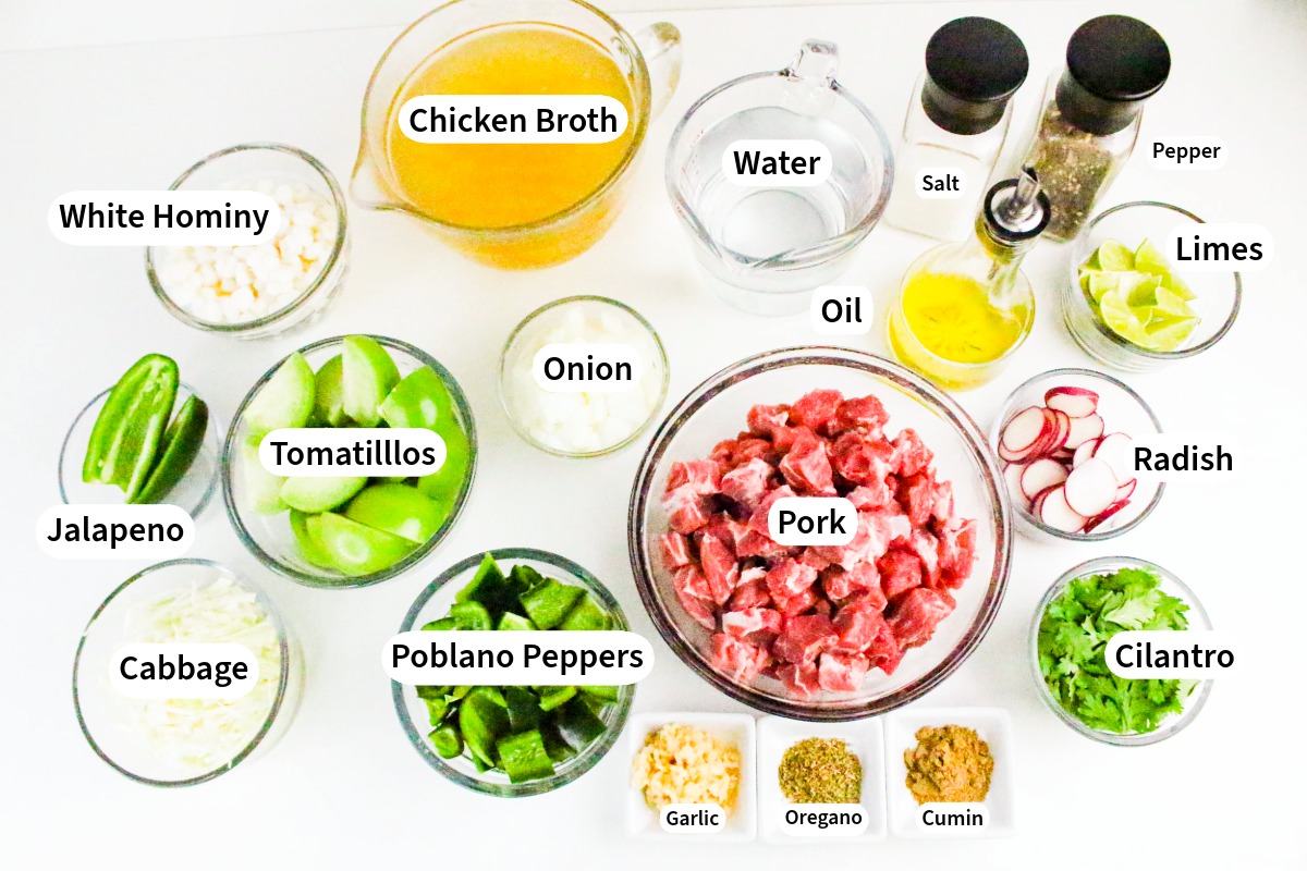 Ingredients to make pork pozole with tomatillo green sauce.