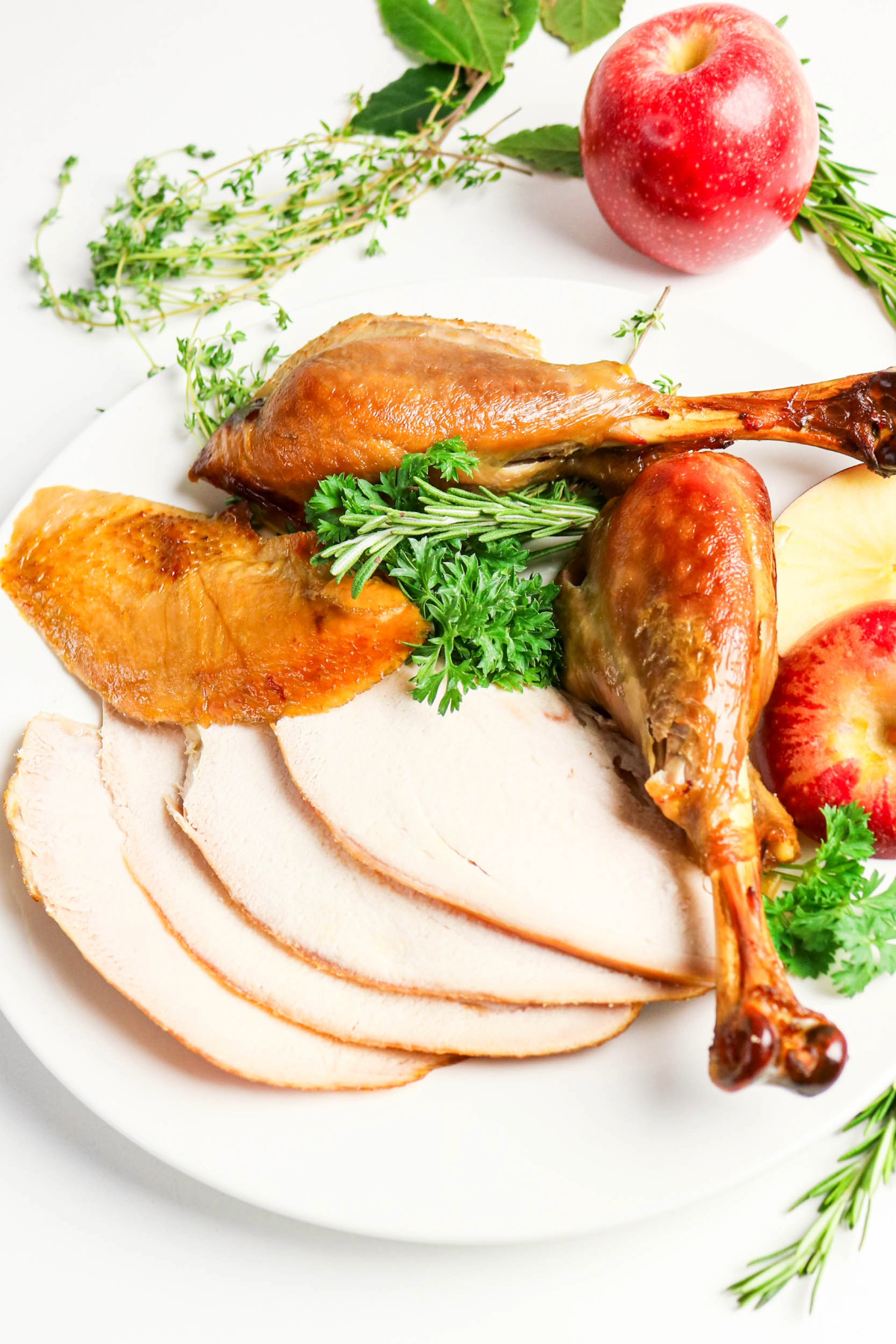 overhead view of sliced turkey on a platter.