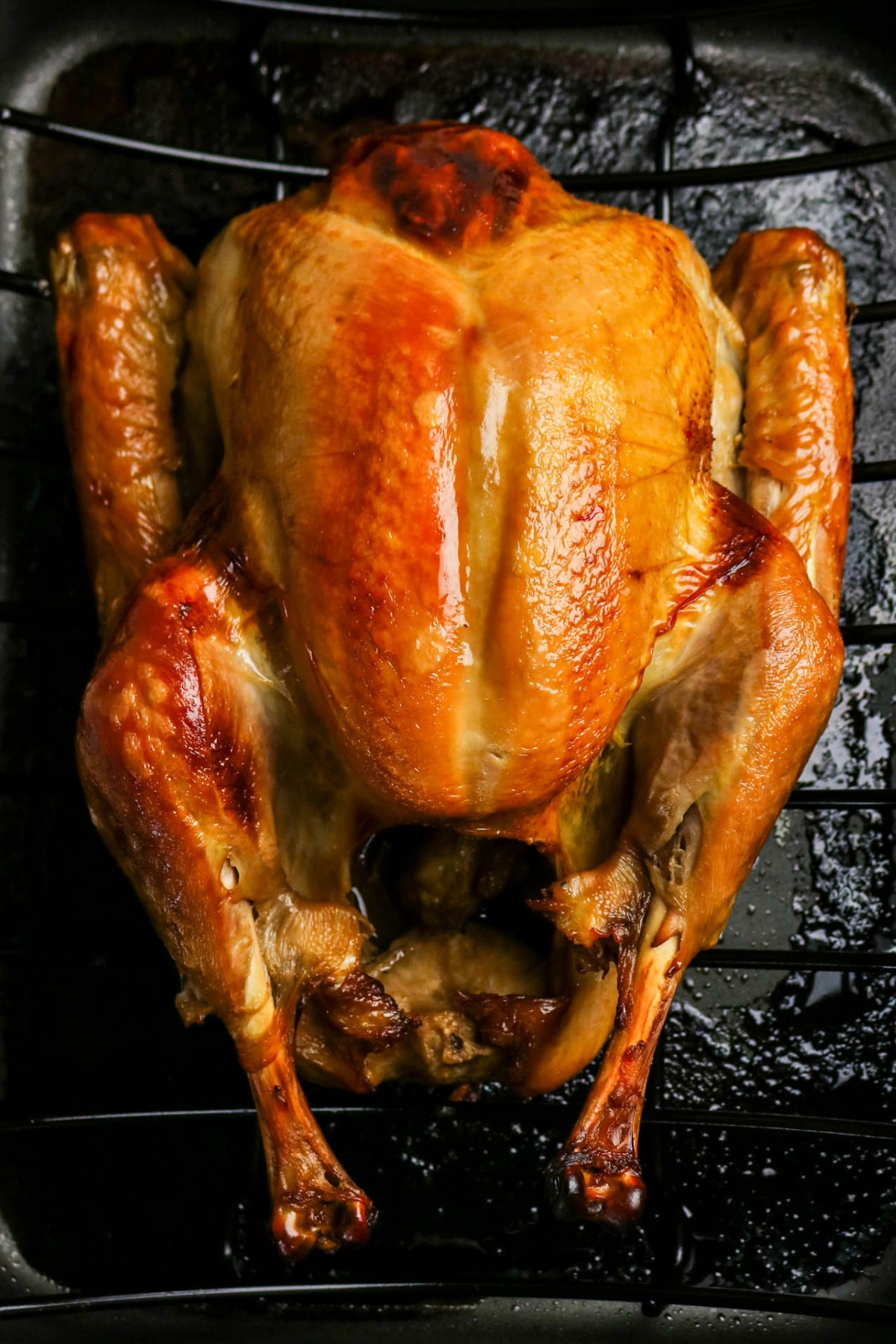 Cooked turkey on a black roasting rack.