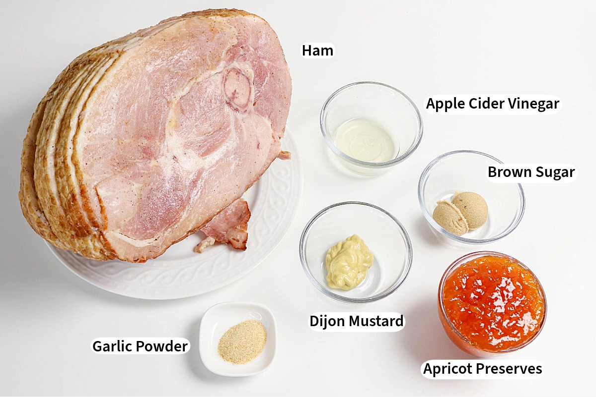 Ingredients to make apricot glazed ham.